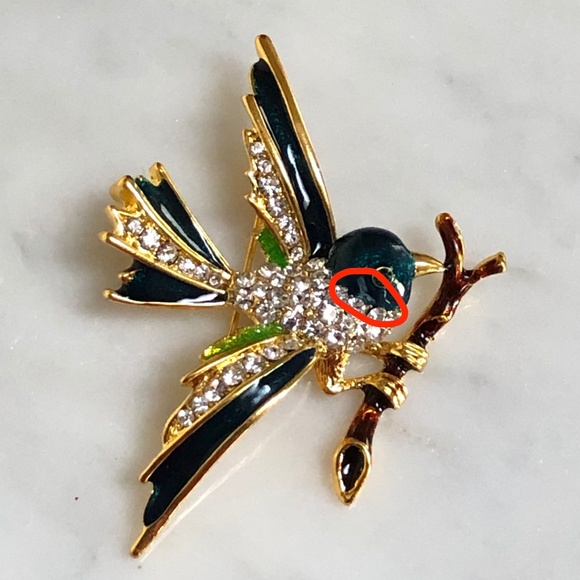 (NEW) Green Blue Brown Enamel Bird on Tree Branch Gold Brooch Pin Rhinestone - Picture 7 of 7